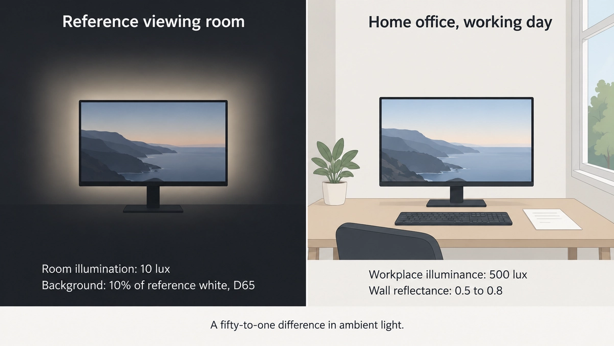Side by side comparison of a reference viewing room lit to 10 lux and a home office lit to 500 lux, a fifty to one difference in ambient light.