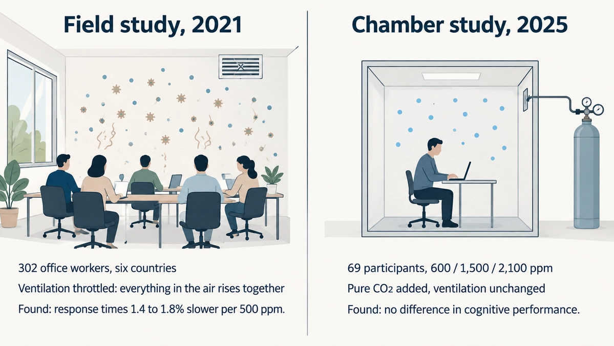 Diagram comparing a 2021 field study of 302 office workers, which found small effects, with a 2025 chamber study of 69 participants breathing added pure CO2, which found none.