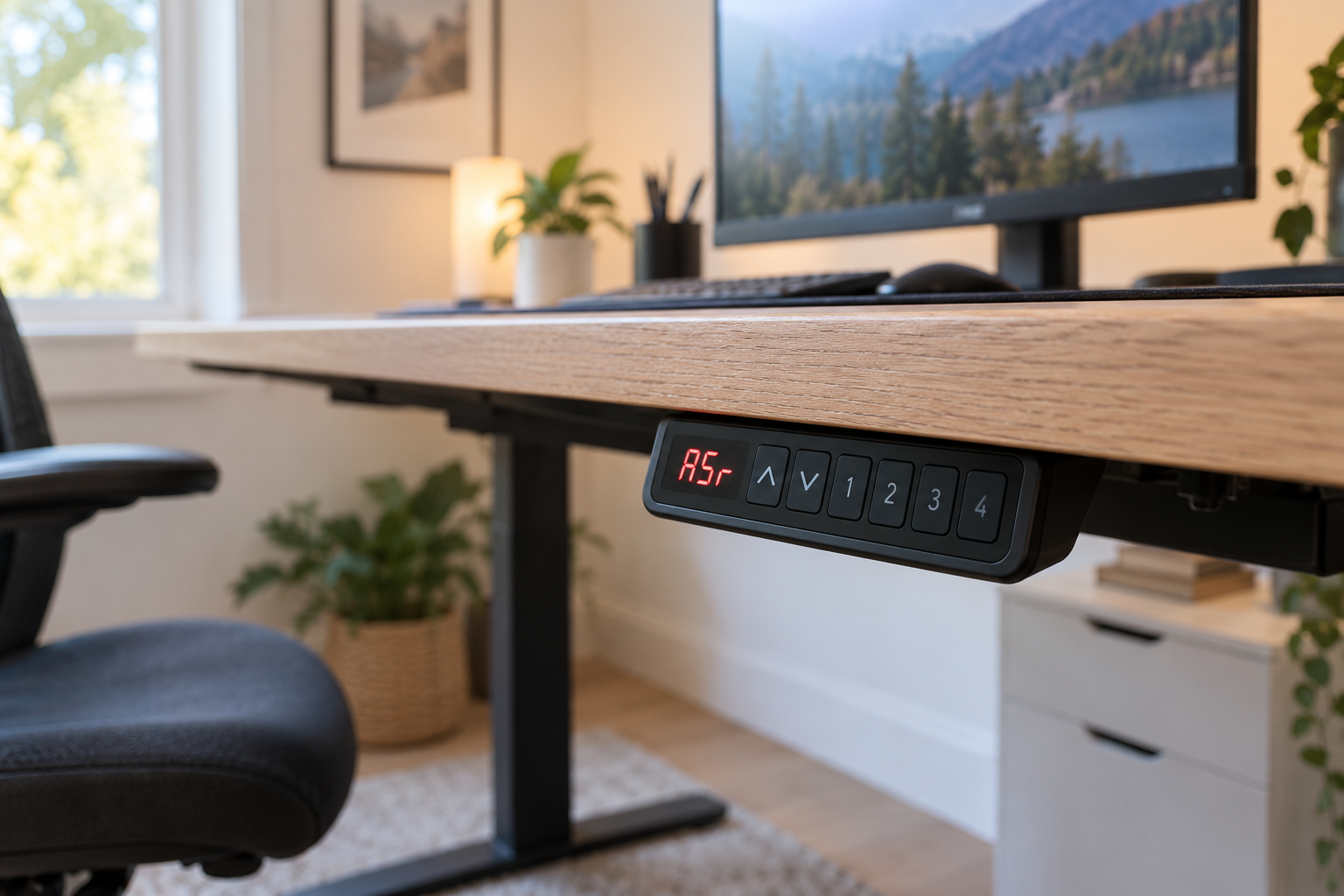 A standing desk keypad on the edge of a desk in a small home office, its display showing the letters ASr.