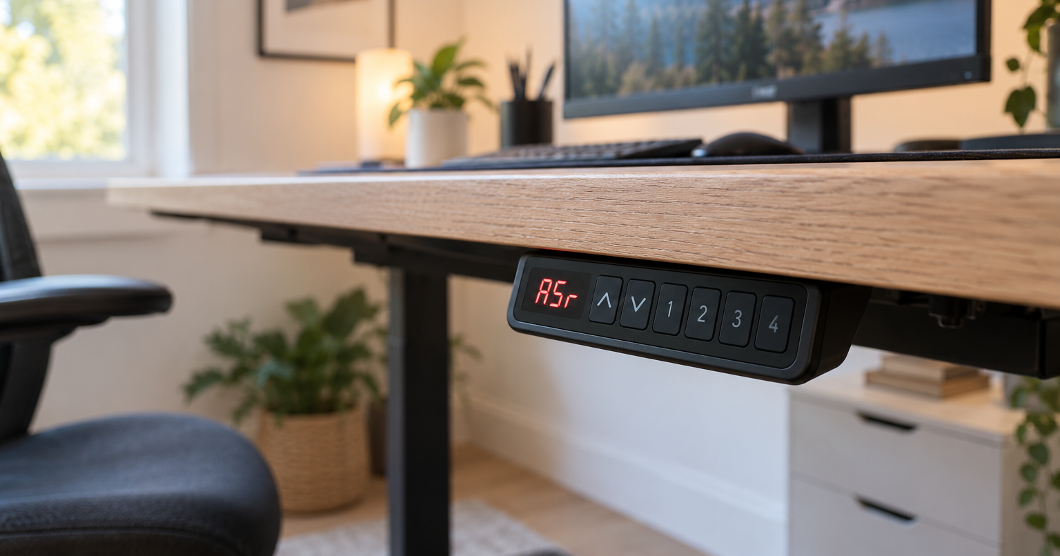 A standing desk keypad on the edge of a desk in a small home office, its display showing the letters ASr.