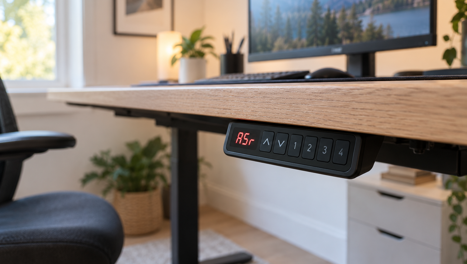 A standing desk keypad on the edge of a desk in a small home office, its display showing the letters ASr.