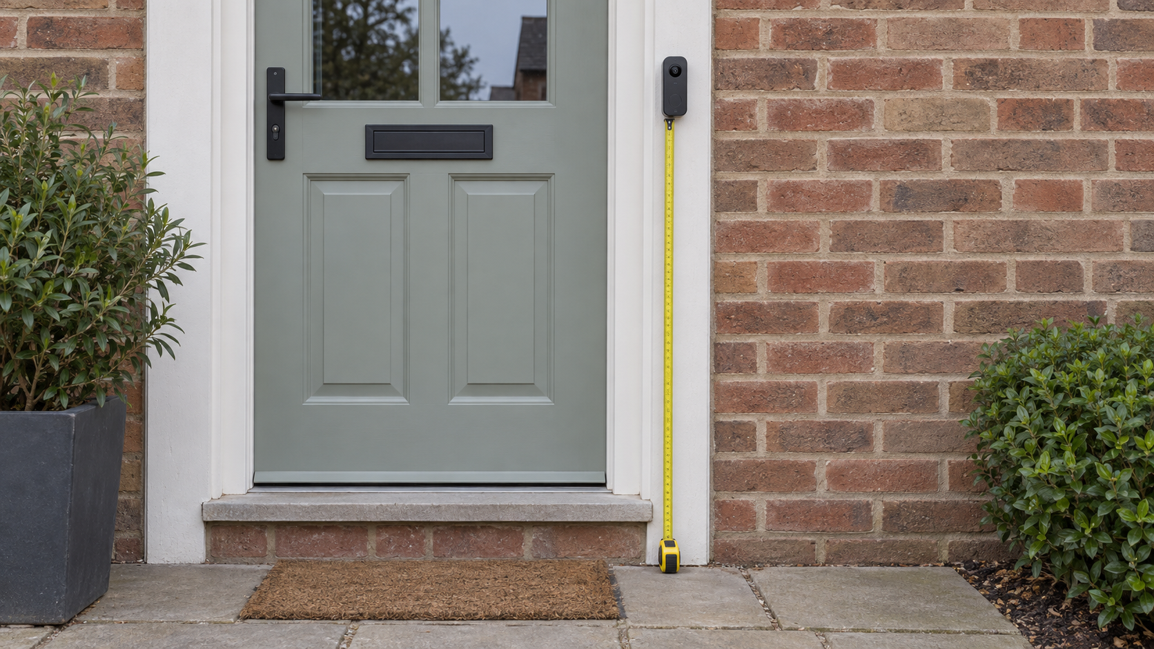 A video doorbell beside a front door with a tape measure running from the ground up to it.