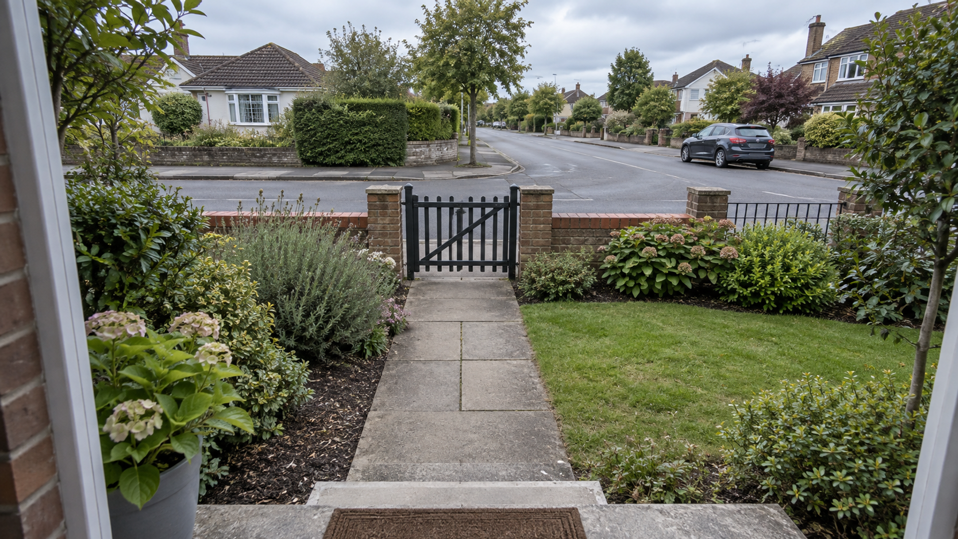 A front garden seen from a doorway, with a public sidewalk and passing traffic visible beyond the gate.