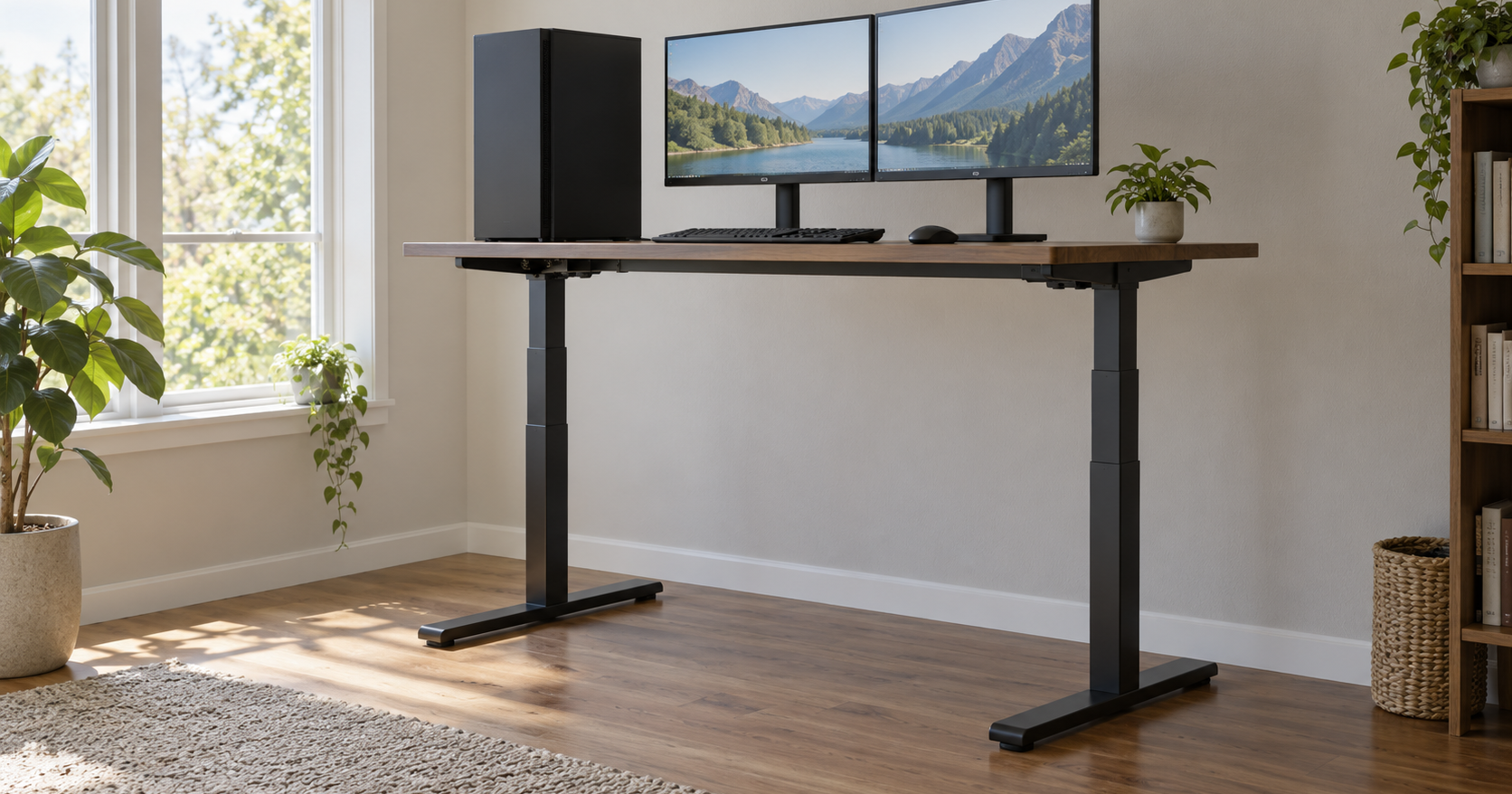 A small home office standing desk raised to standing height with a tower PC on the desktop beside two monitors, viewed from the side so the frame legs are visible.