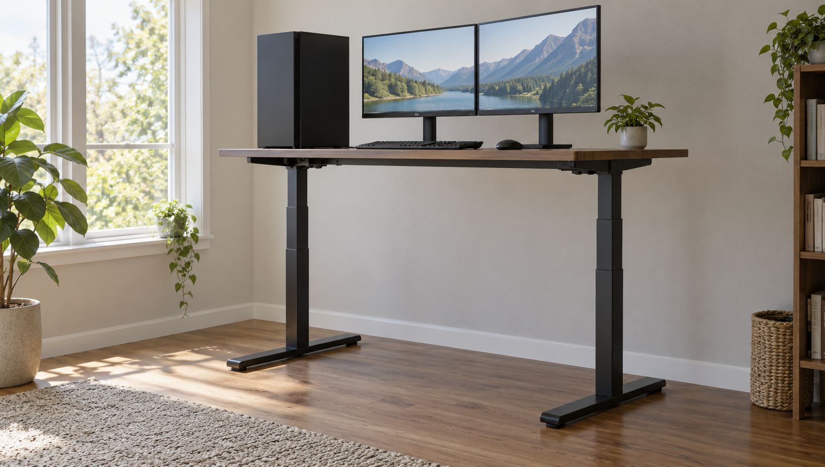 A small home office standing desk raised to standing height with a tower PC on the desktop beside two monitors, viewed from the side so the frame legs are visible.