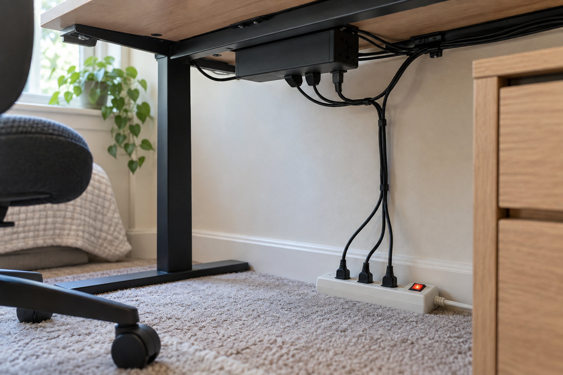 Under a desk in a spare bedroom, a power strip with a switch feeding a standing desk control box, a monitor, and a desk lamp.
