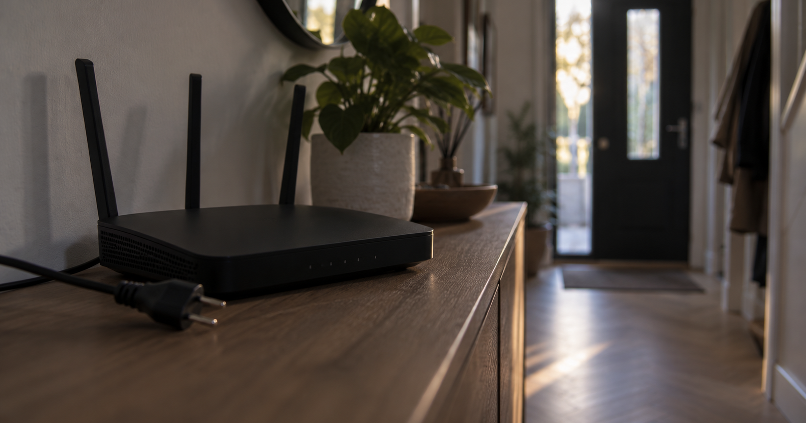 A home Wi-Fi router with its status lights off and the power cable unplugged