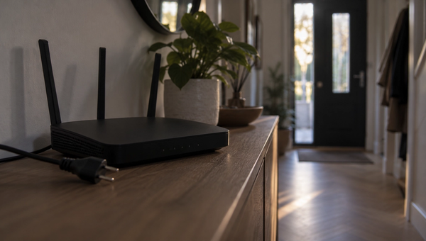 A home Wi-Fi router with its status lights off and the power cable unplugged
