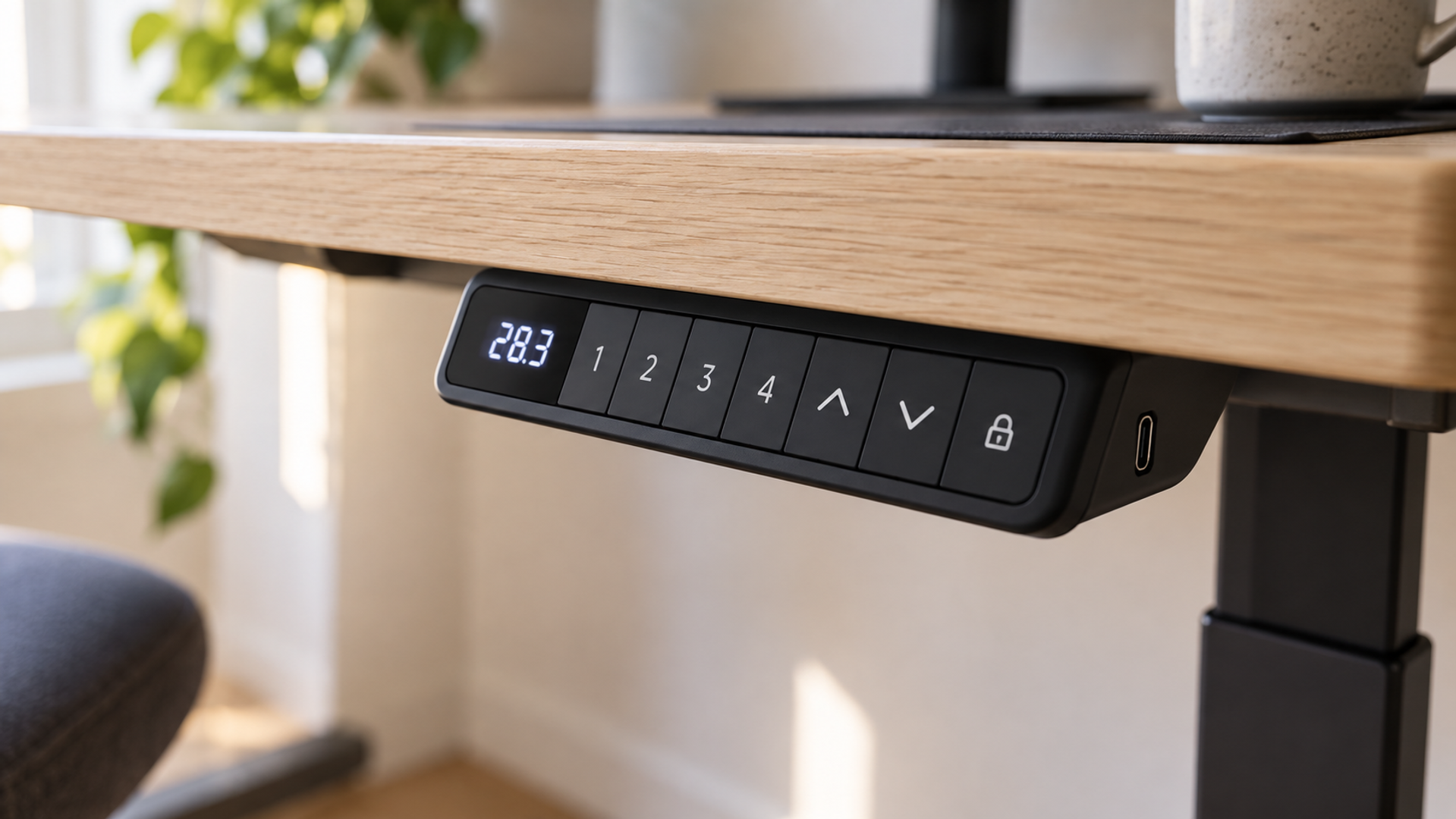 Close-up of a standing desk keypad with four numbered preset buttons and a USB-C port, mounted under the front edge of a small desktop.
