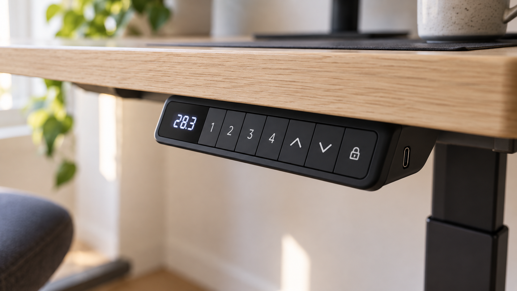 Close-up of a standing desk keypad with four numbered preset buttons and a USB-C port, mounted under the front edge of a small desktop.