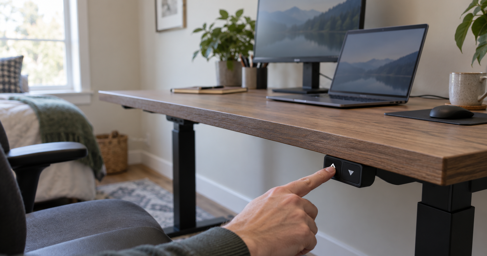 A person's hand pressing the up arrow on a standing desk keypad while the desk stays at sitting height, in a small home office with a monitor and a laptop on the desk.