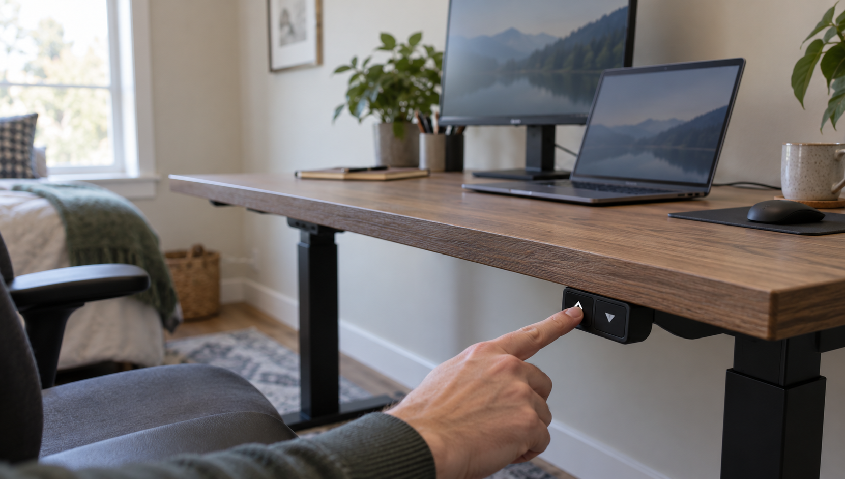 A person's hand pressing the up arrow on a standing desk keypad while the desk stays at sitting height, in a small home office with a monitor and a laptop on the desk.