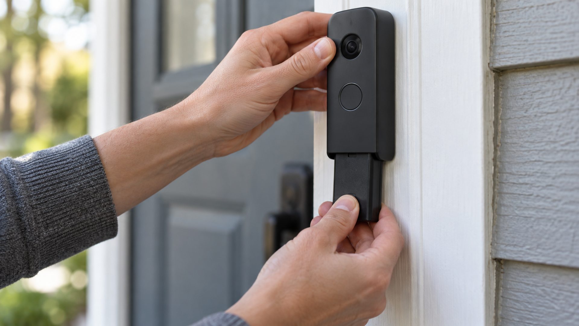 A removable doorbell battery pack being slid out of the device beside a front door.