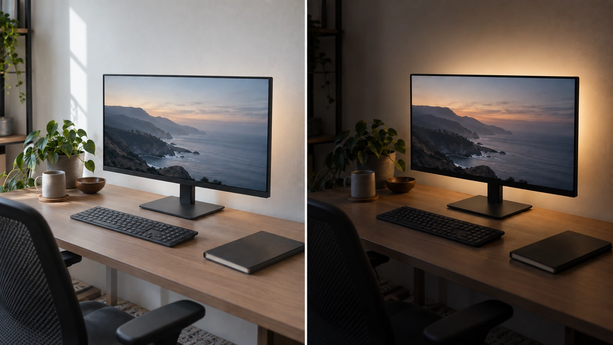 The same desk photographed in daylight and in the evening, with the glow behind the monitor barely visible by day and clearly visible at night.