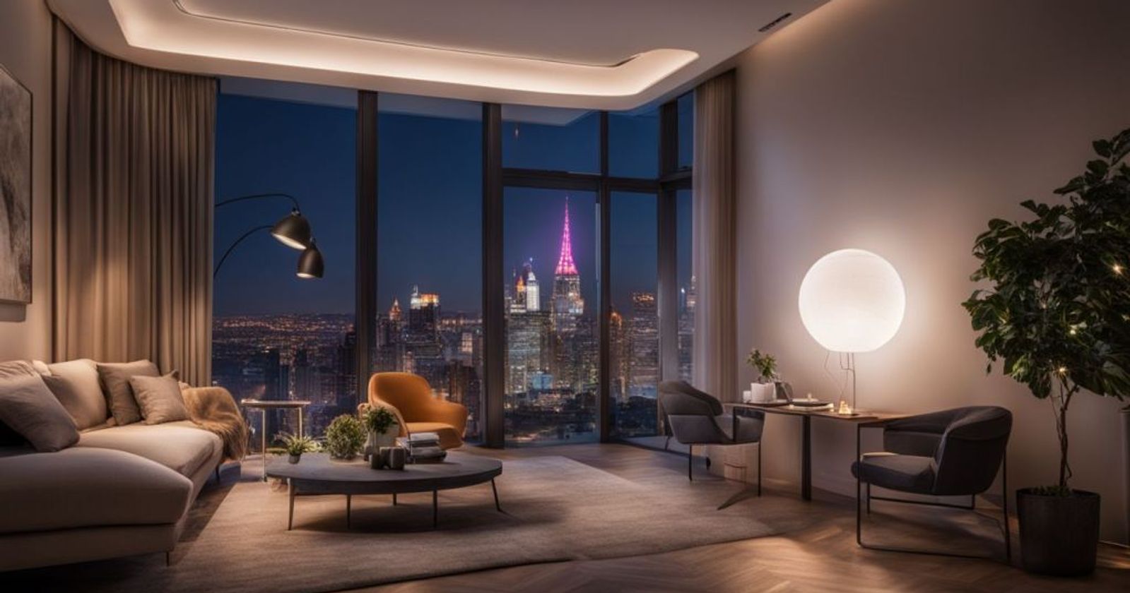 An apartment with a night sky showing different smart light bulbs.
