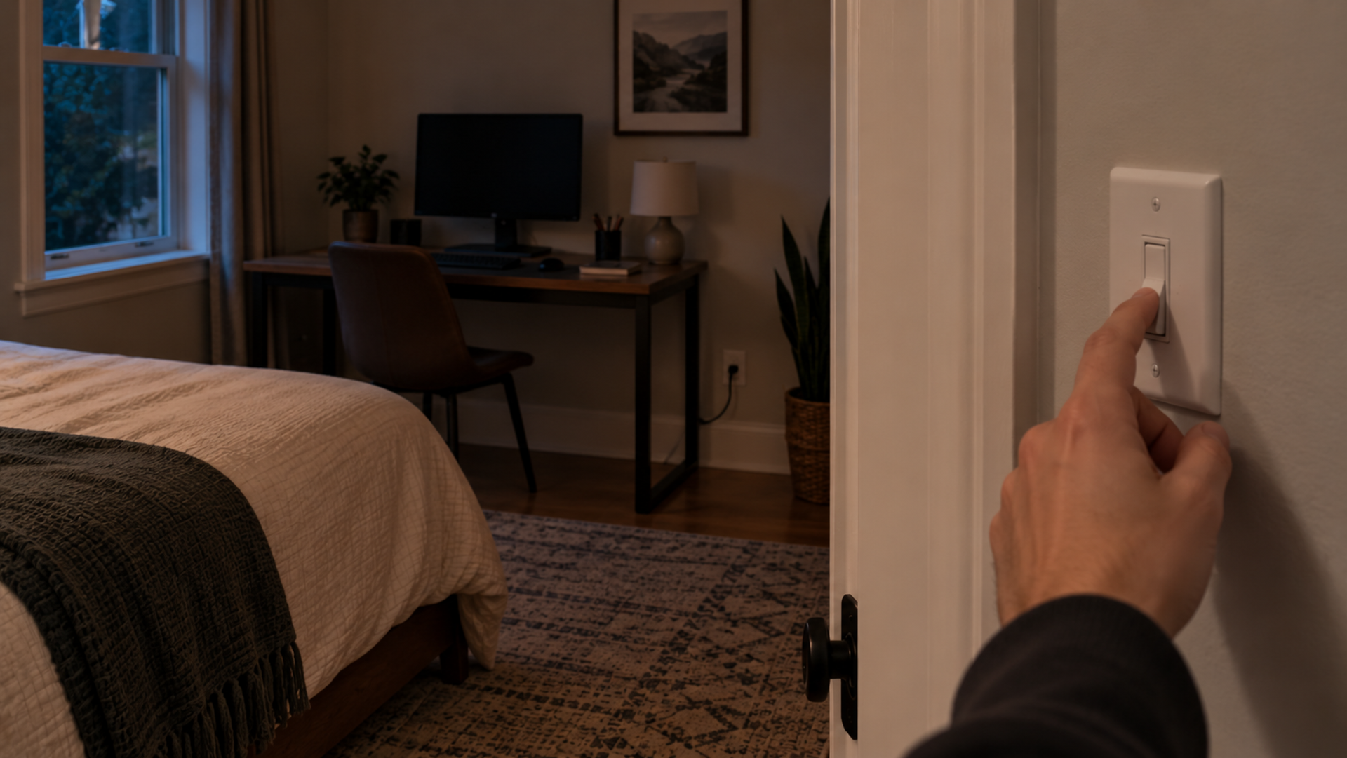 A hand flipping a wall switch beside a bedroom door while a small lamp plugged into a wall outlet across the room goes dark, the desk and monitor visible next to the outlet.