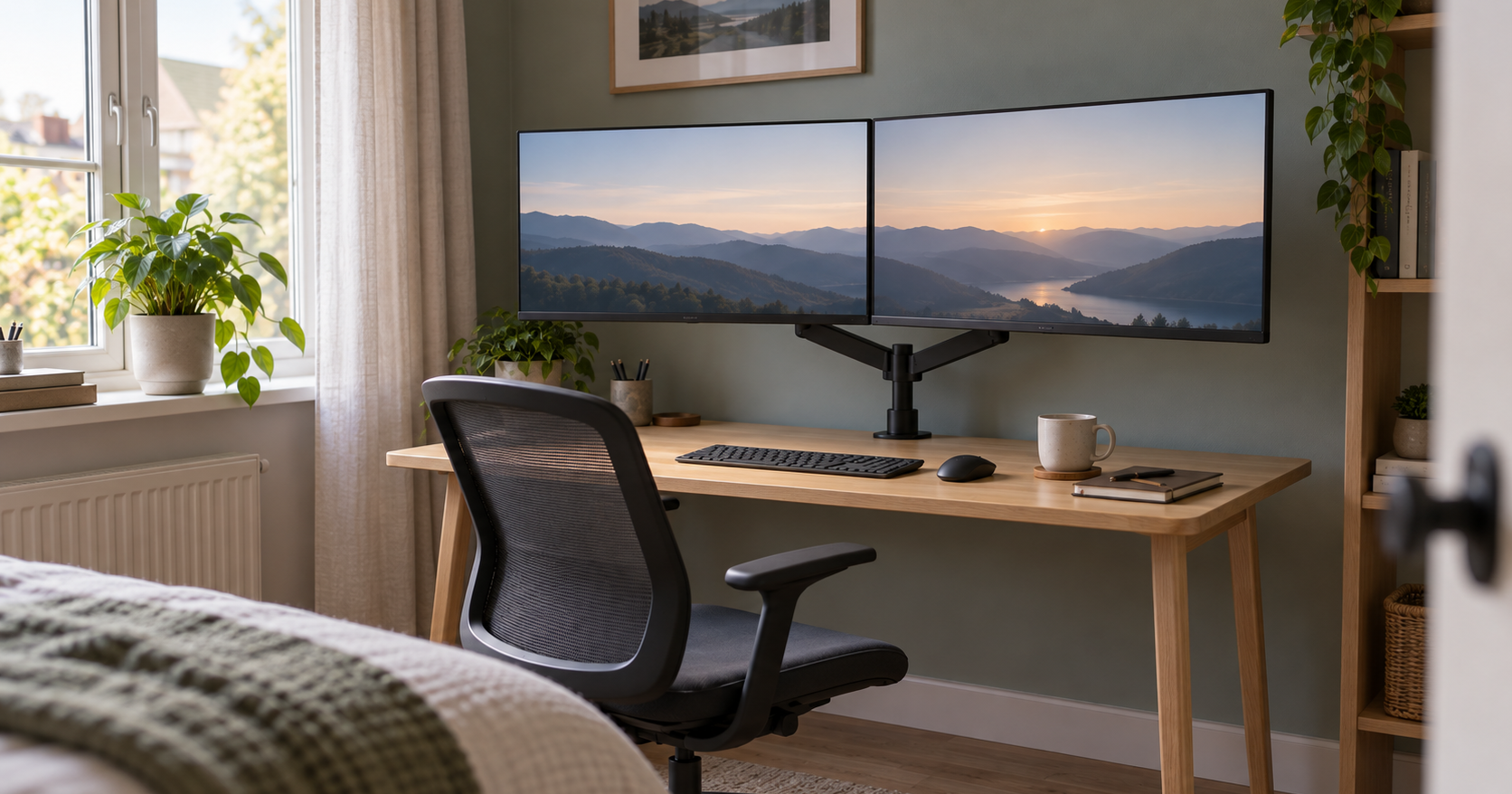 Two monitors on a single dual monitor arm clamped to the back edge of a small home office desk, the screens slightly wider than the desk.