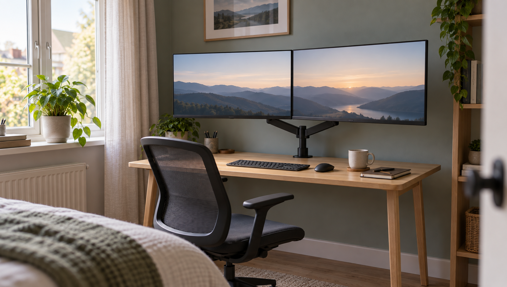 Two monitors on a single dual monitor arm clamped to the back edge of a small home office desk, the screens slightly wider than the desk.