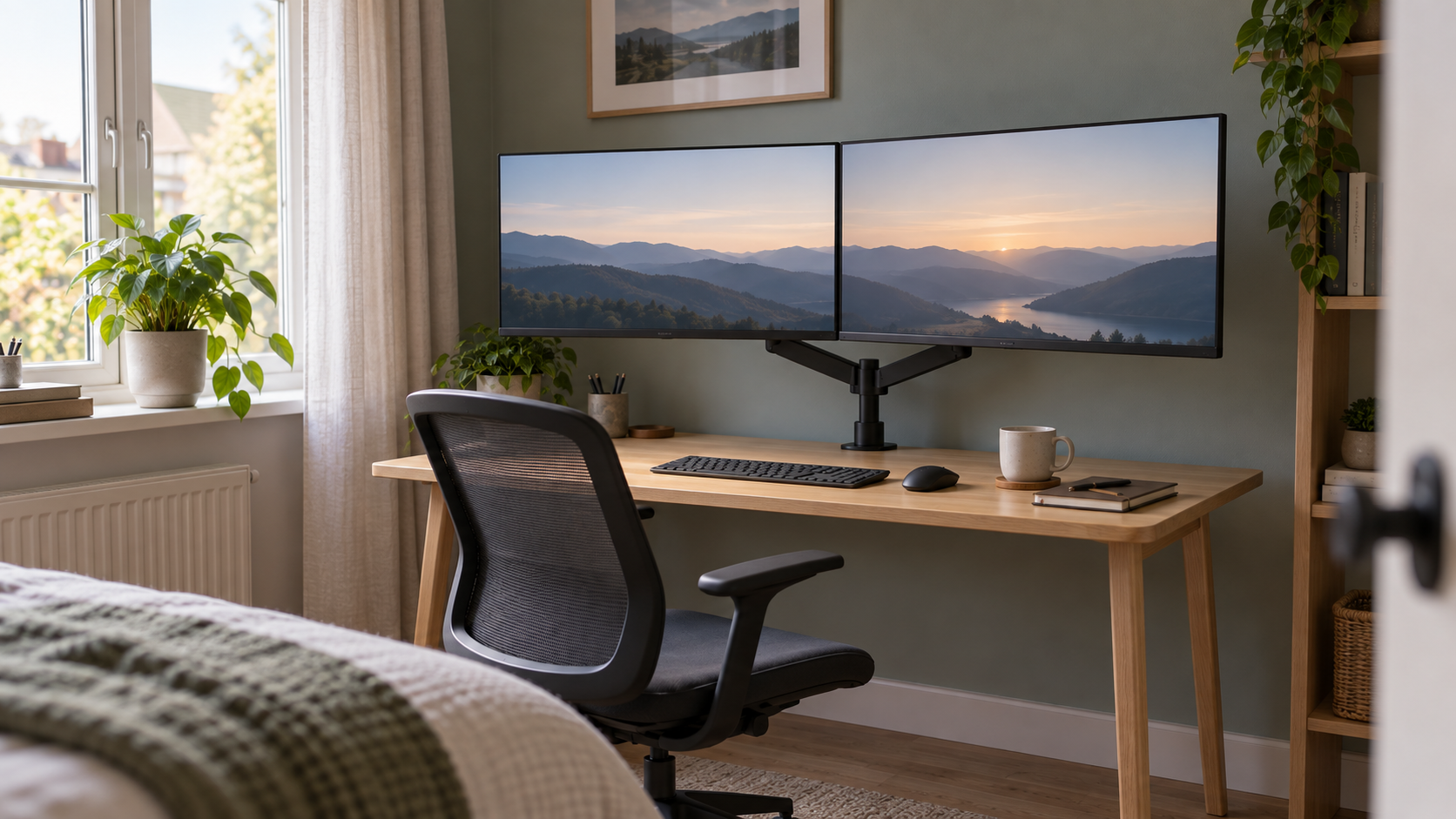 Two monitors on a single dual monitor arm clamped to the back edge of a small home office desk, the screens slightly wider than the desk.