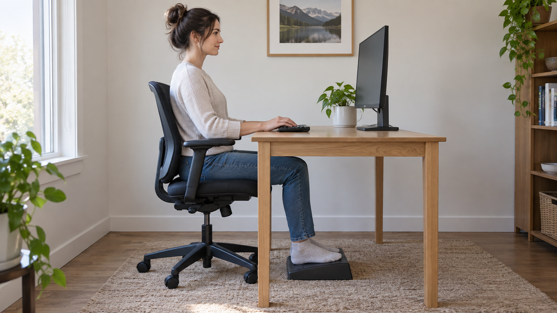 Side view of a person at a fixed-height desk with the chair raised so the forearms are level with the keyboard and a footrest supporting the feet.