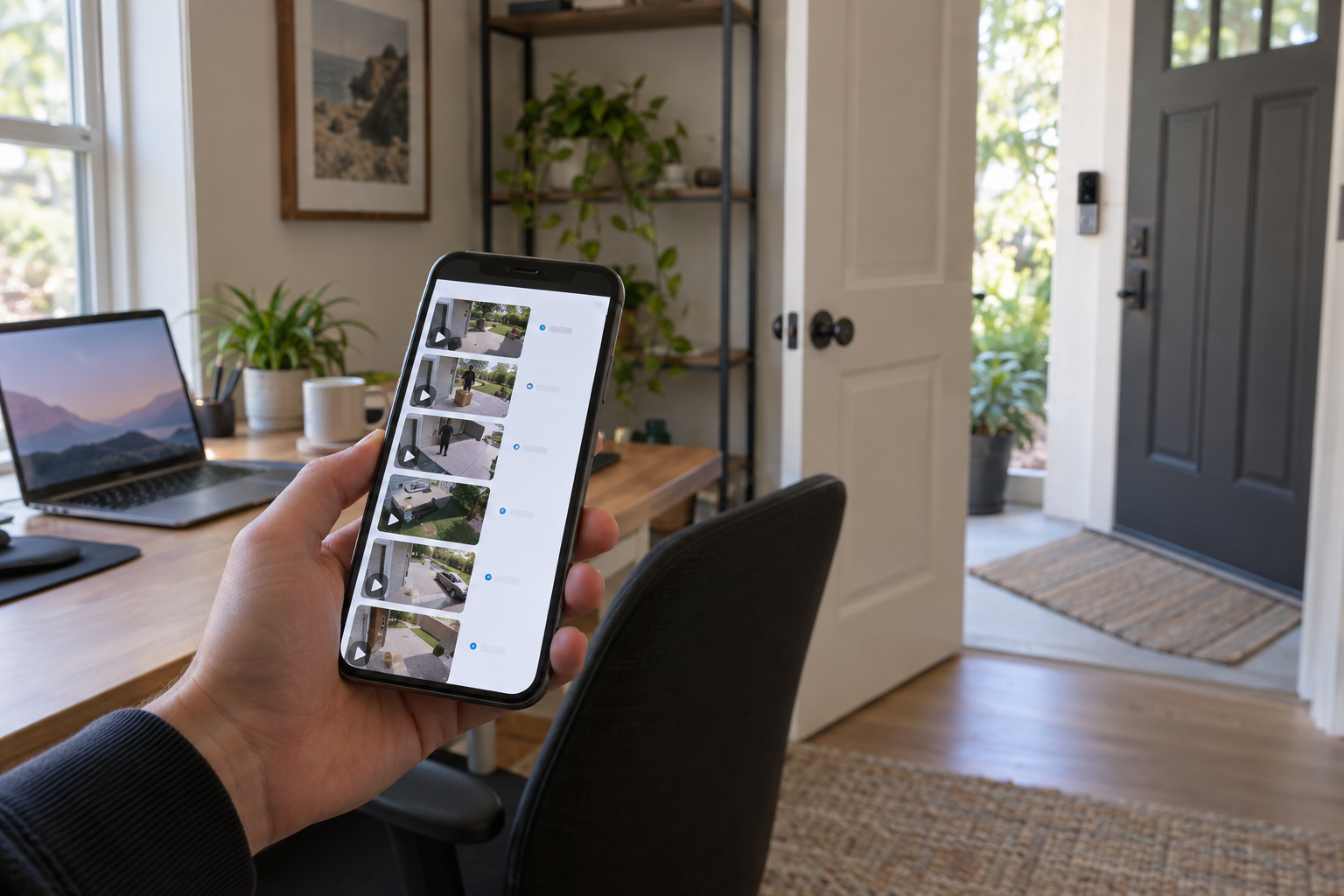 A hand holding a phone with the Ring app open to a list of doorbell events, at a desk in a small home office, front door visible in the background.