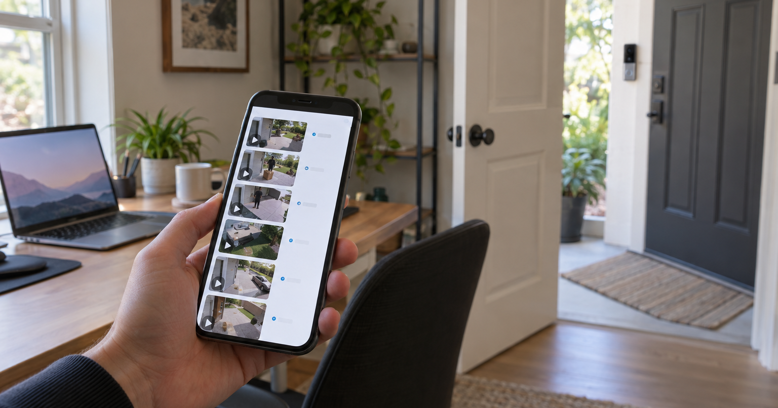 A hand holding a phone with the Ring app open to a list of doorbell events, at a desk in a small home office, front door visible in the background.