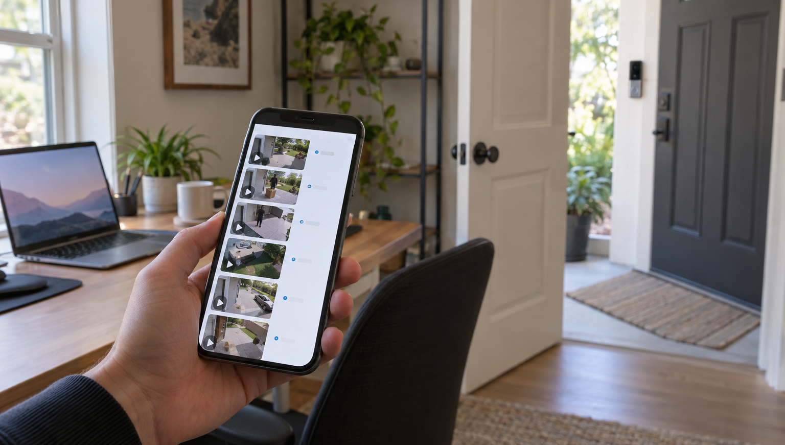 A hand holding a phone with the Ring app open to a list of doorbell events, at a desk in a small home office, front door visible in the background.