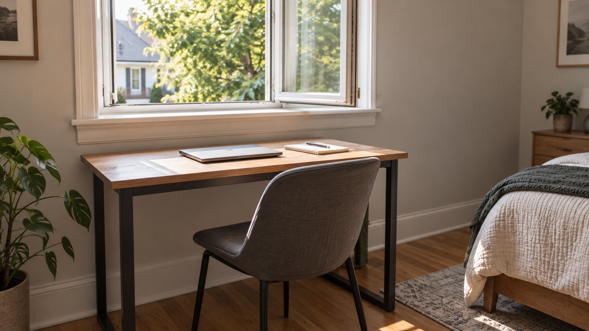 A desk placed under a bedroom window, its top below the sill, with the window opened above it and nothing standing between the desk and the glass.
