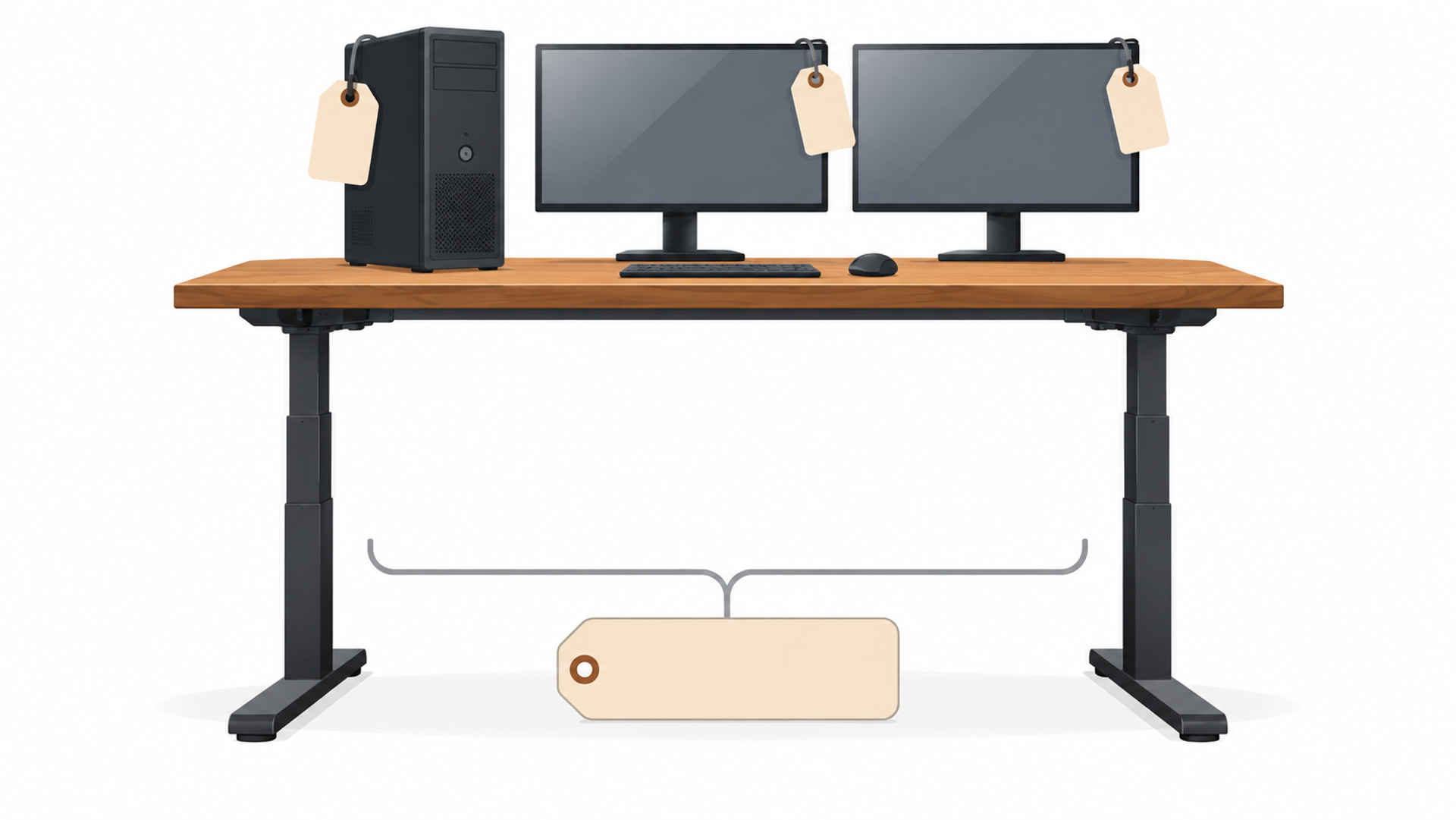 Illustration of a standing desk in side view with a solid wood top, a gaming tower and two monitors on stands, each item with an empty weight tag and an empty total box below.