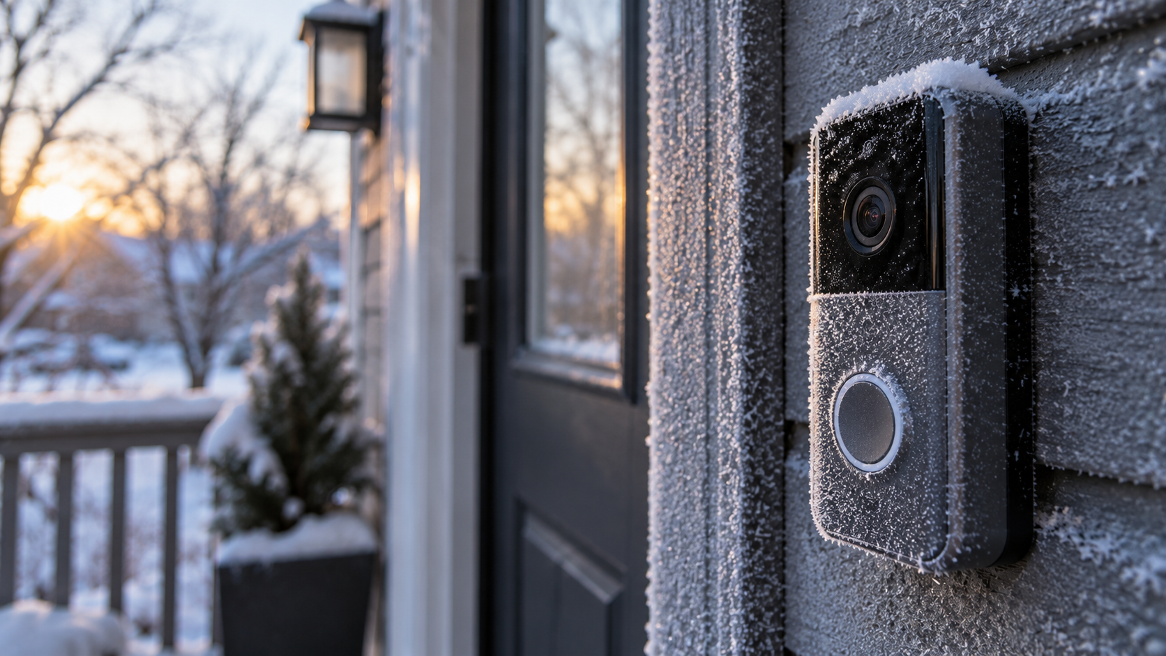 A video doorbell covered in frost on a freezing winter morning, with snow on the porch rail behind it
