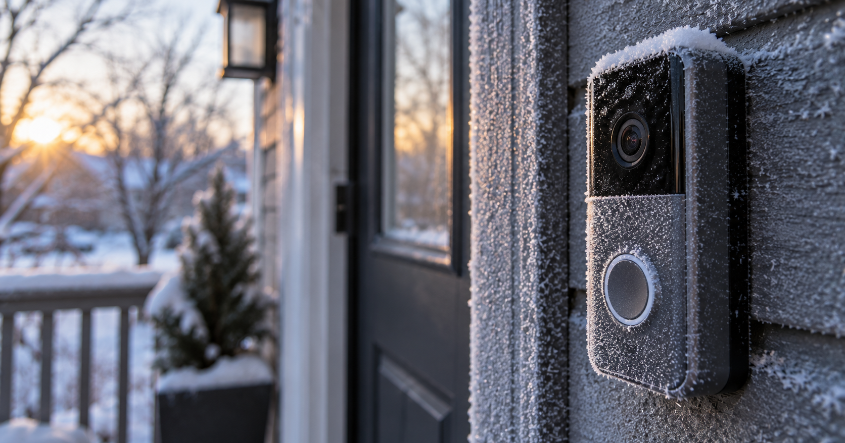 A video doorbell covered in frost on a freezing winter morning, with snow on the porch rail behind it