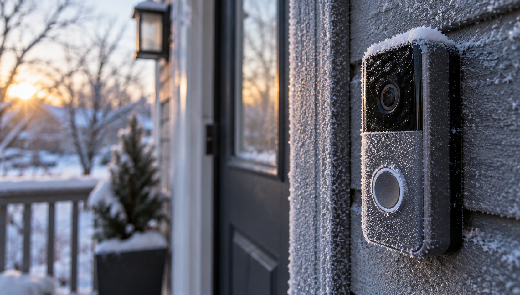 A video doorbell covered in frost on a freezing winter morning, with snow on the porch rail behind it