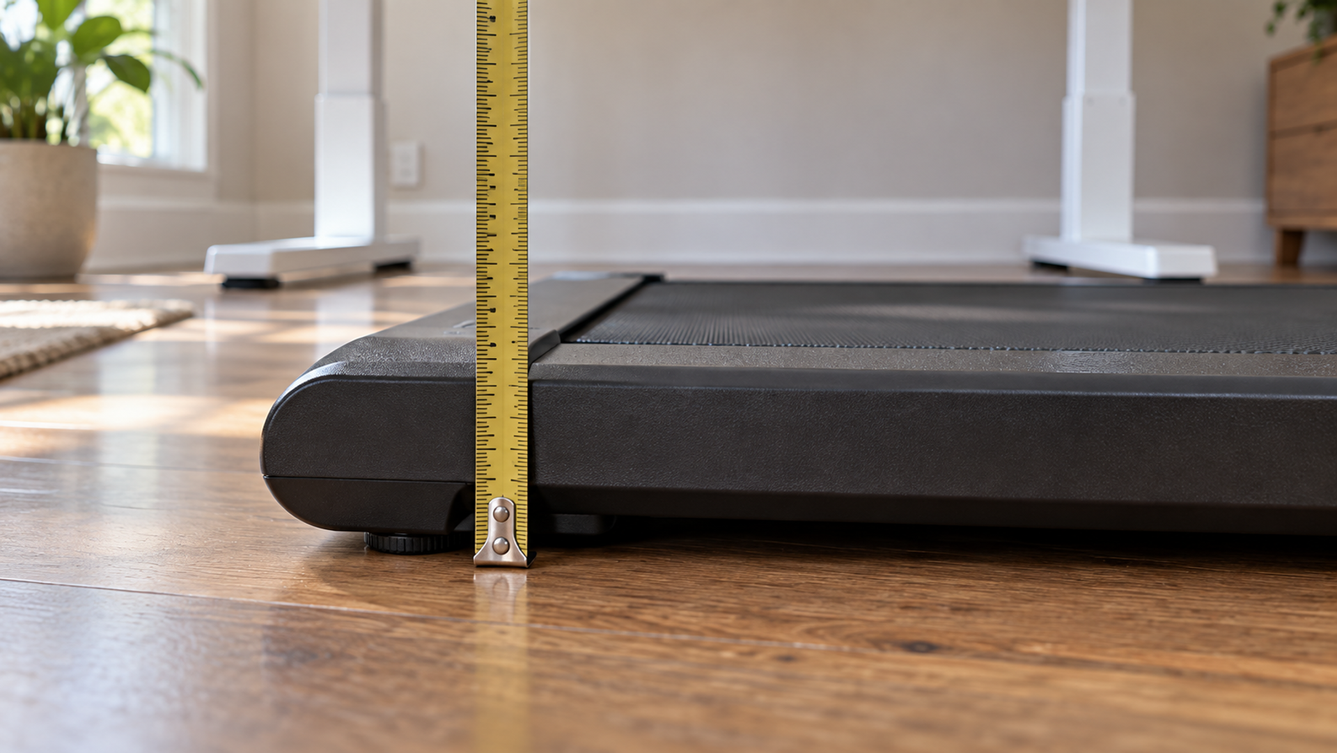 A tape measure held upright against the edge of a walking pad's deck on a wood floor, showing the deck's height, with the legs of a standing desk behind it.