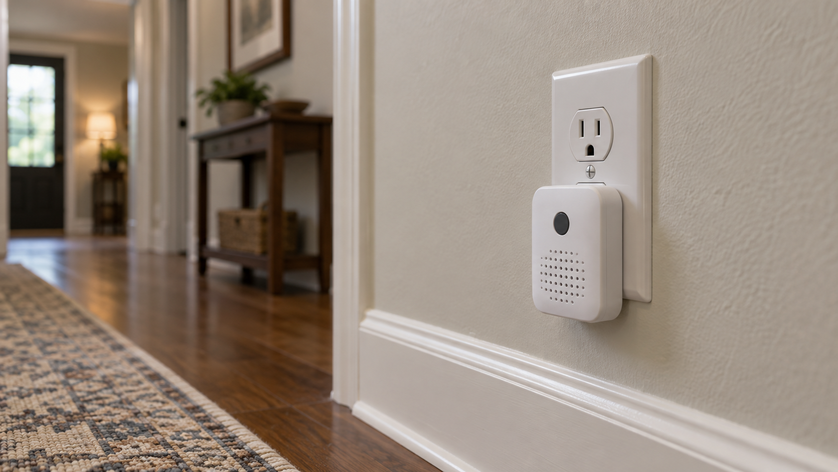 A small plug-in chime speaker in a hallway wall socket, its front indicator unlit.