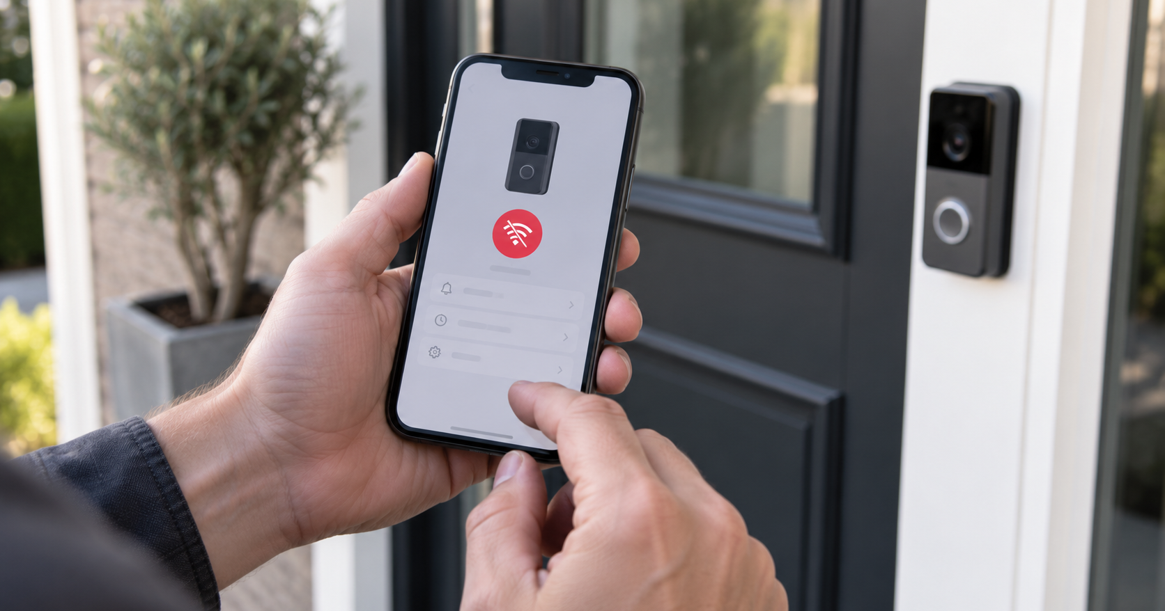Hands holding a smartphone showing a device status screen in front of a door with a video doorbell