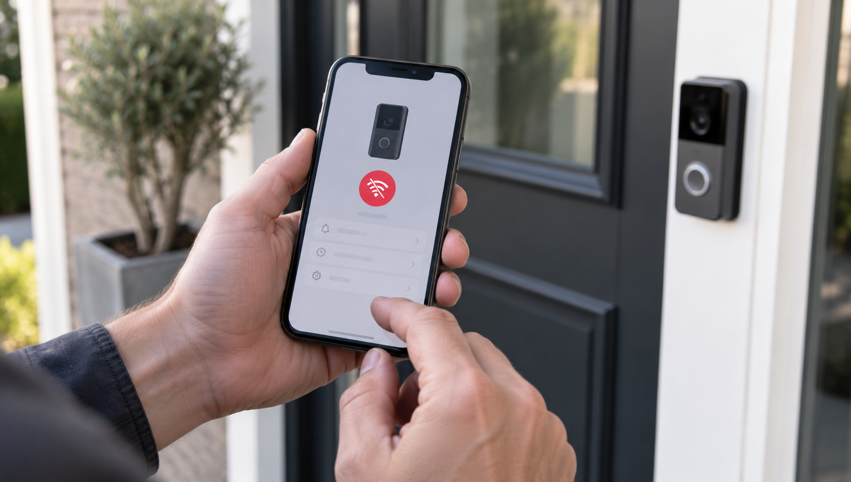 Hands holding a smartphone showing a device status screen in front of a door with a video doorbell