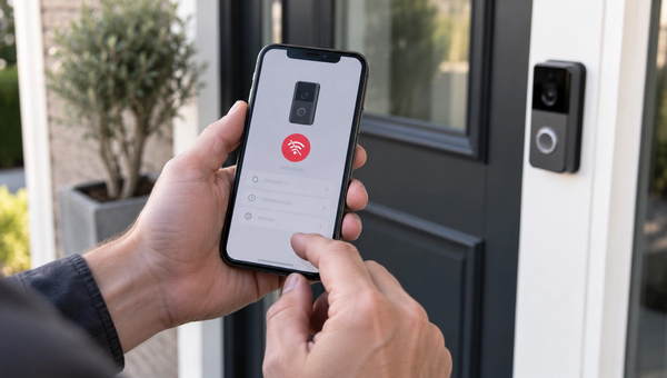 Hands holding a smartphone showing a device status screen in front of a door with a video doorbell