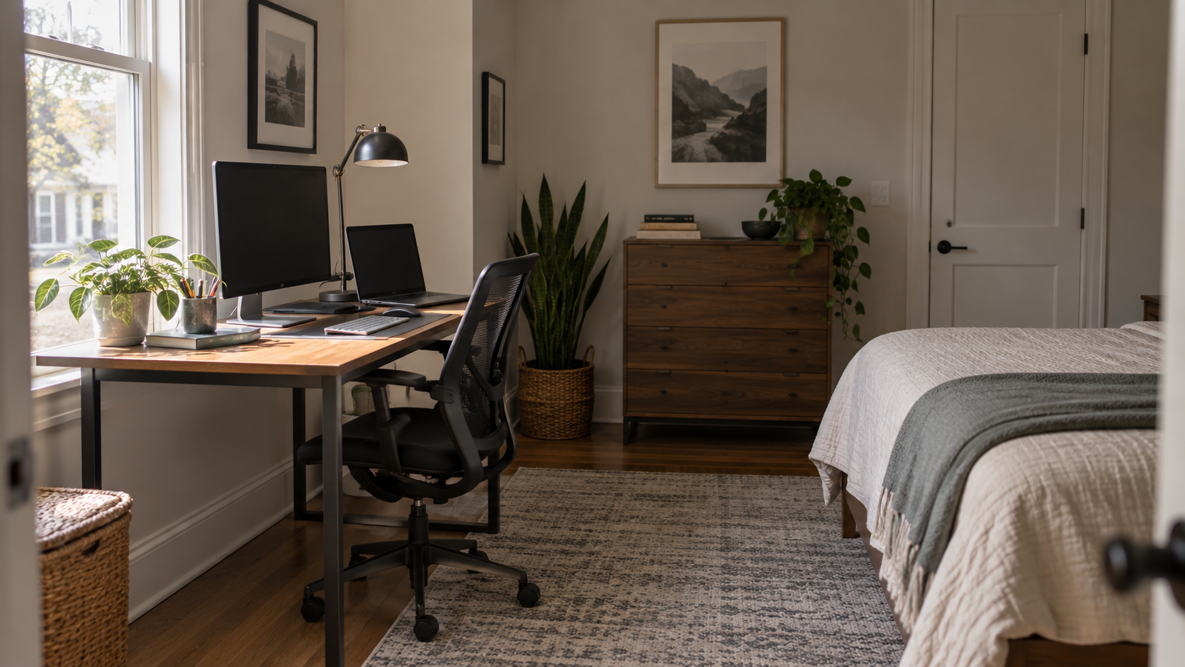 A small bedroom with a desk against the wall beside the window, daylight falling across the desk from the side, a monitor on the desk and the bed visible on the far side of the room.