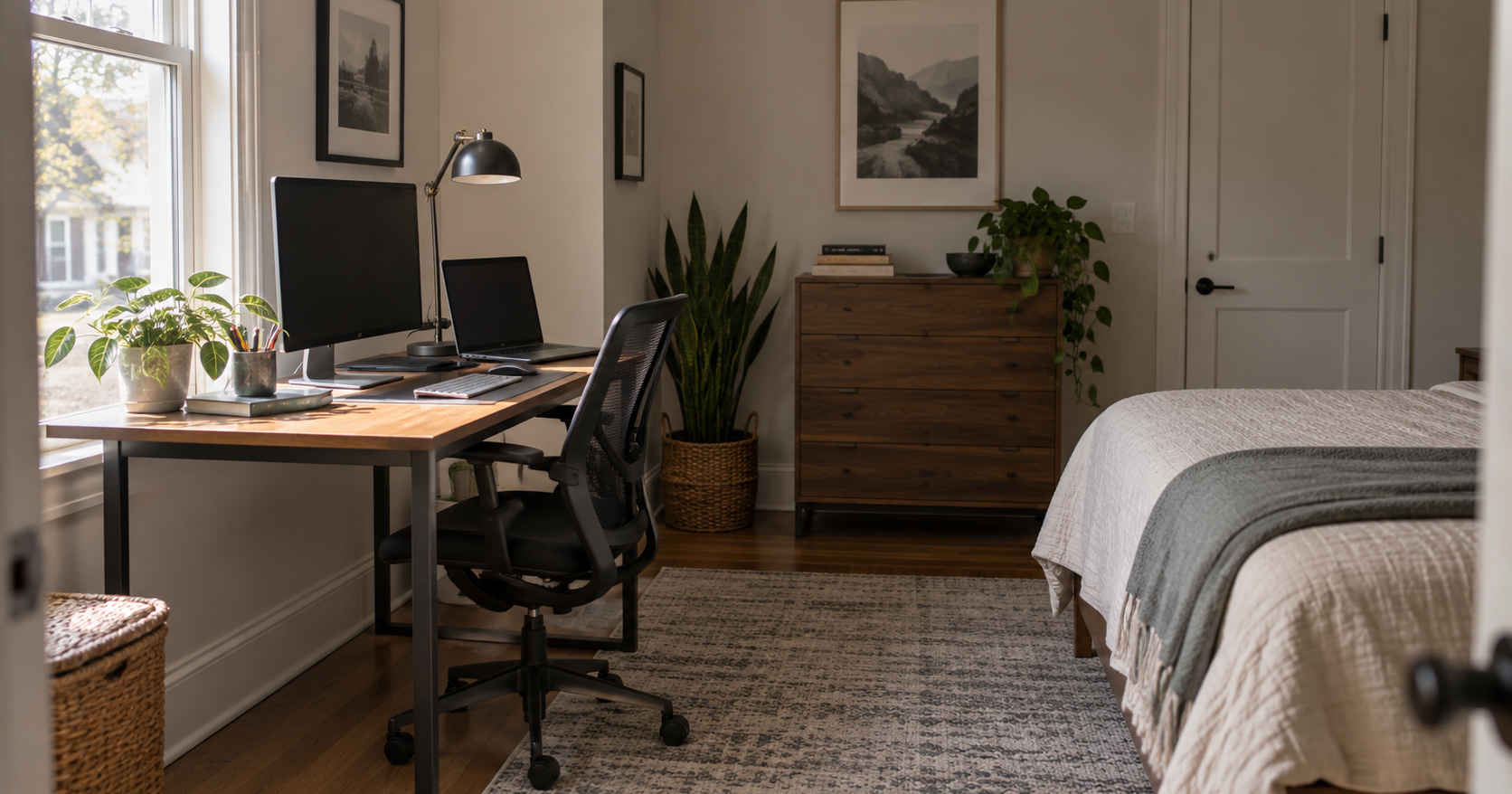A small bedroom with a desk against the wall beside the window, daylight falling across the desk from the side, a monitor on the desk and the bed visible on the far side of the room.