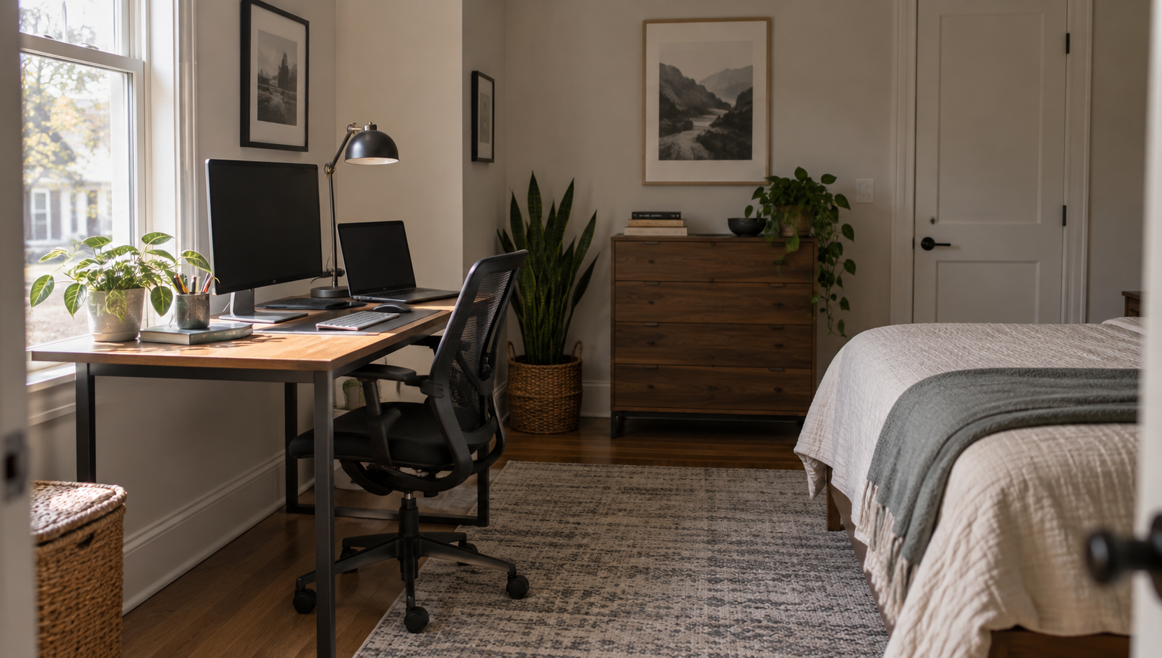 A small bedroom with a desk against the wall beside the window, daylight falling across the desk from the side, a monitor on the desk and the bed visible on the far side of the room.