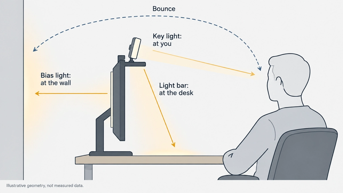 Side view diagram of a desk: a bias light aimed at the wall, a monitor light bar aimed at the desk, a key light aimed at the user's face, and a dashed bounce path from wall back to face.