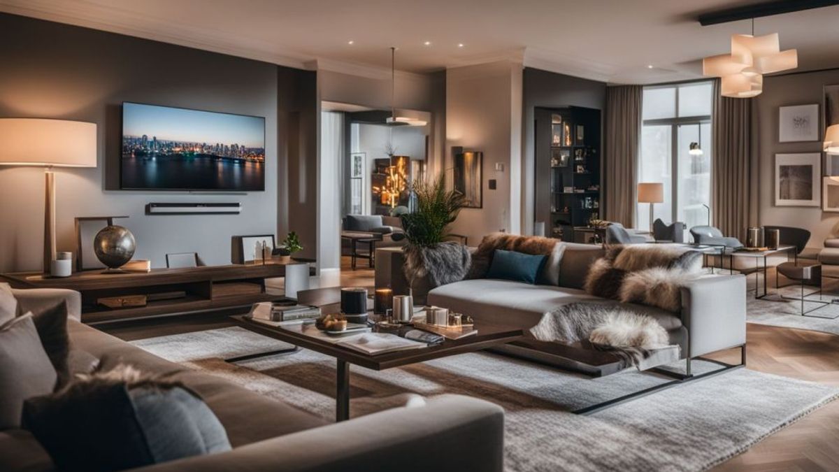 A clean modern living room with smart lights.