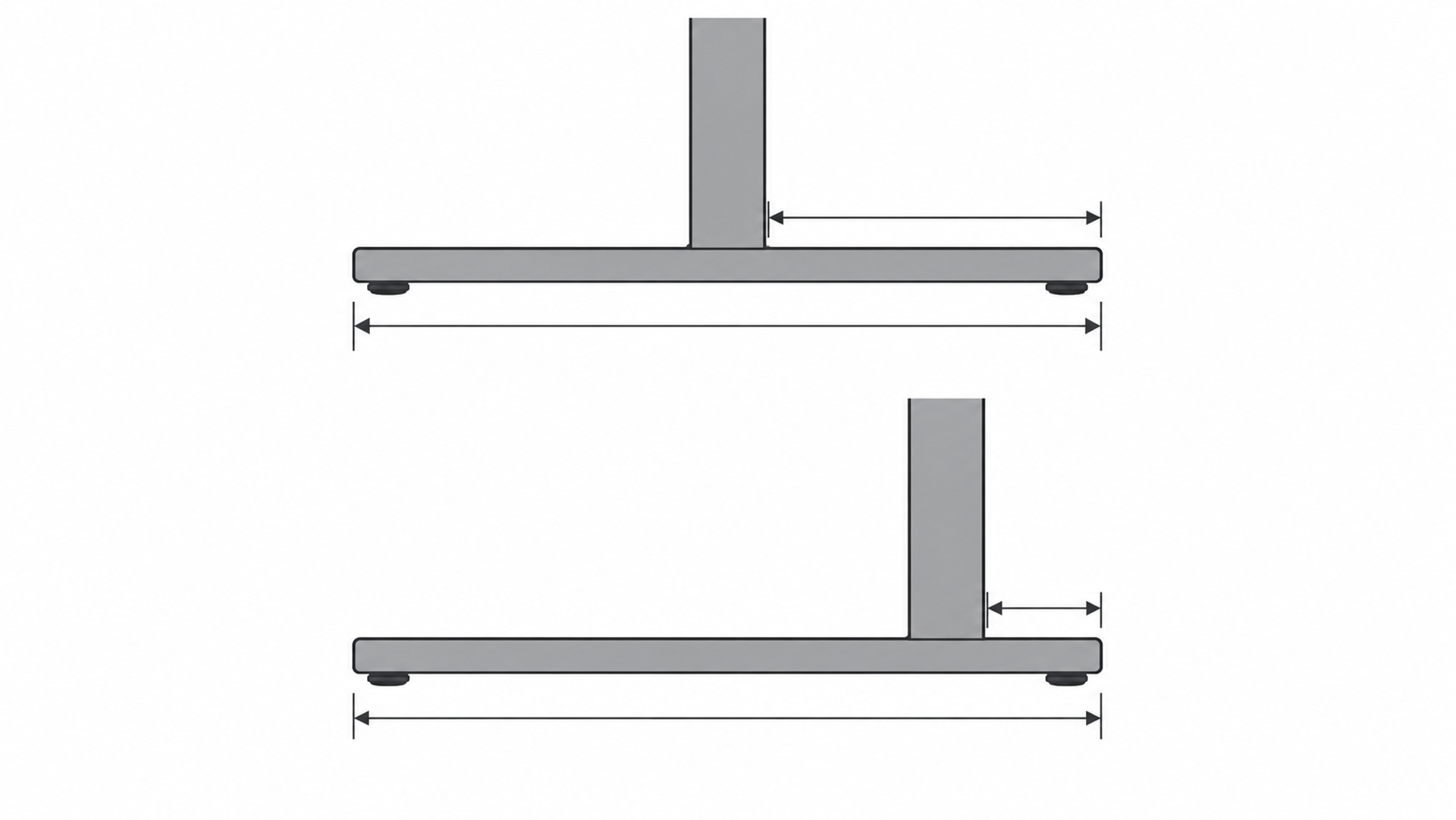 Side-view diagram of two standing desk feet of equal length, 27.6 in. On the T-frame the column stands in the middle, 13.8 in from each end; on the C-frame 10.4 in of foot remains behind the column.