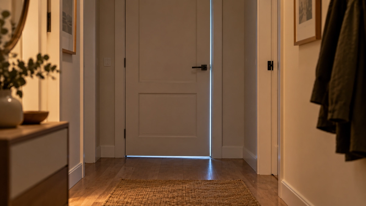 A spare bedroom used as a home office, seen from the hallway, with the door closed on someone working inside.