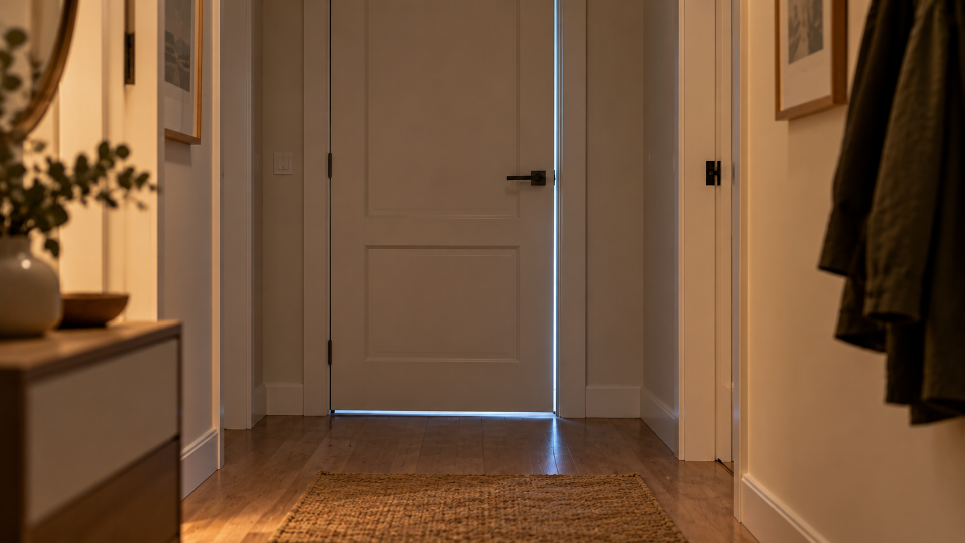 A hallway in a house with the door of a spare bedroom closed and light showing beneath it.
