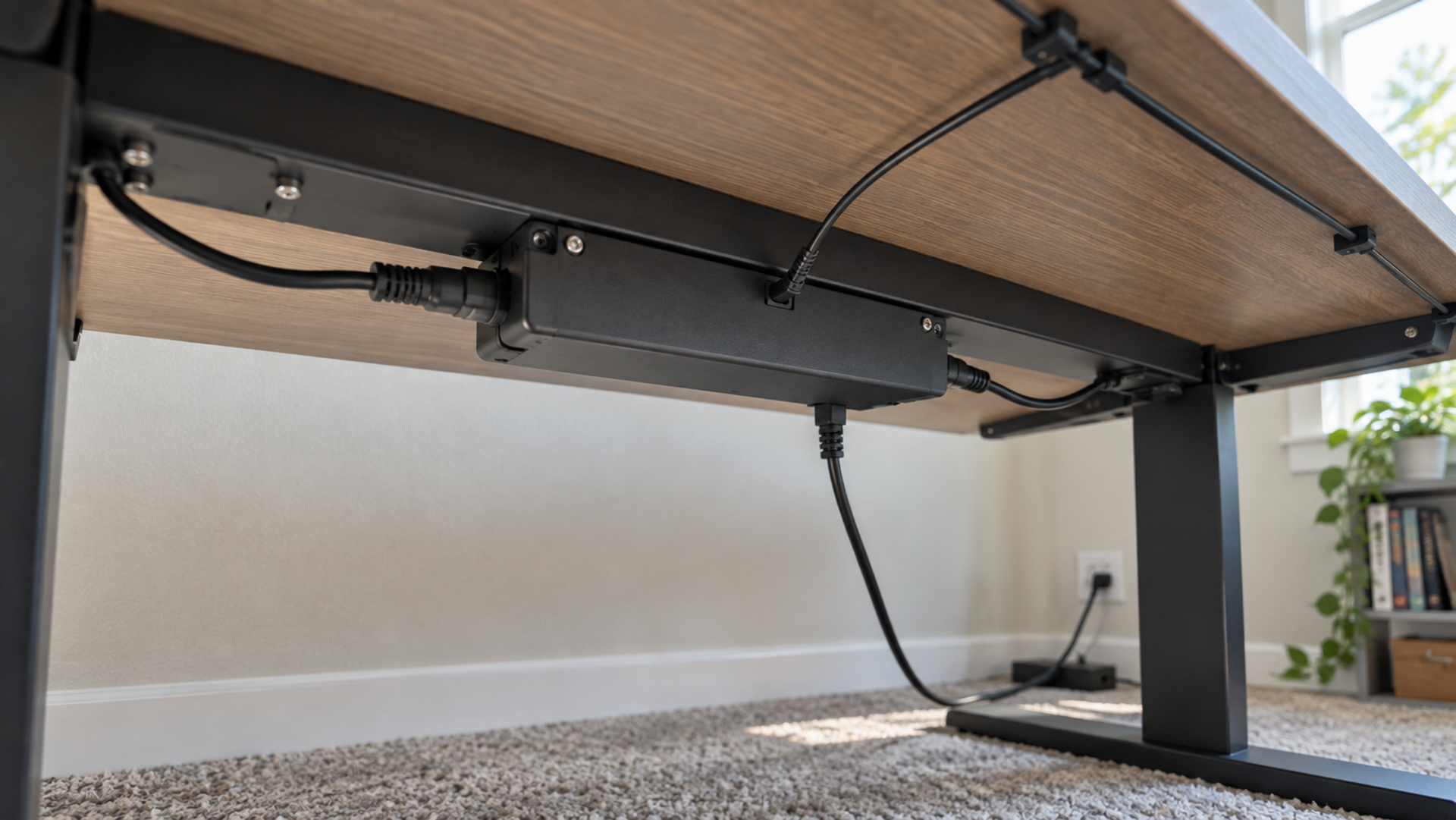 Underside of a standing desk showing the control box screwed flat against the frame, with the leg cables, keypad cable and power cord plugged into its ports.