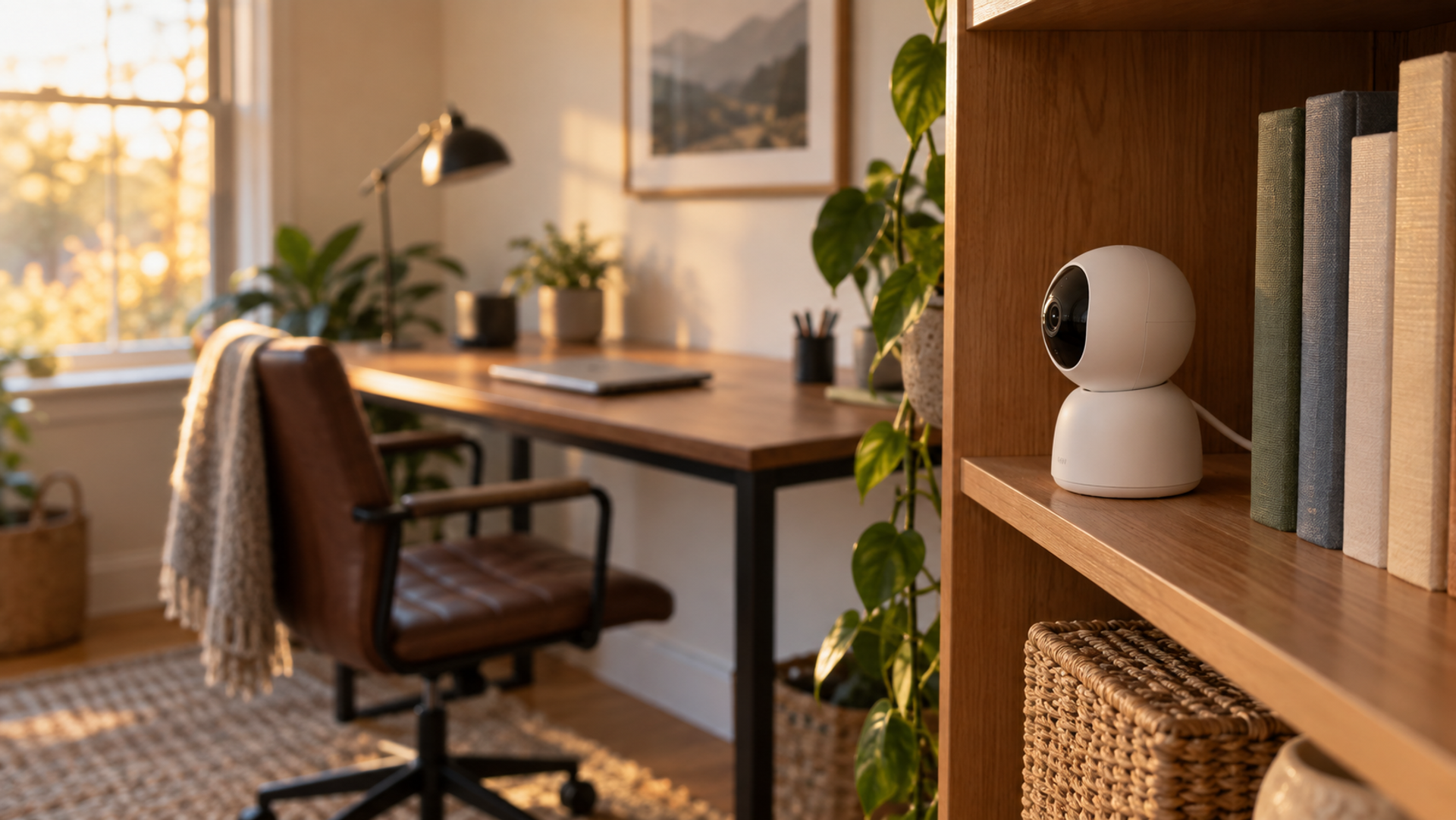 A small indoor camera on a bookshelf in a home office, angled toward a desk with a chair and a laptop.