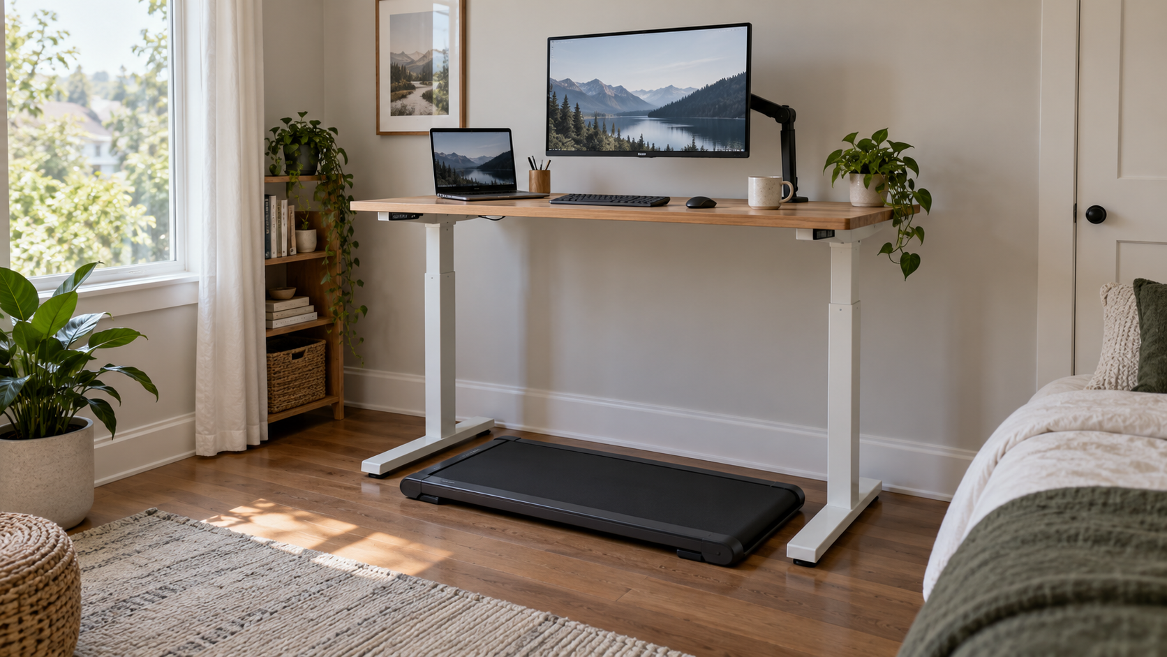 A slim walking pad under a raised sit-stand desk in a small home office, a monitor on an arm above it and a window to the side, no one standing on the pad.