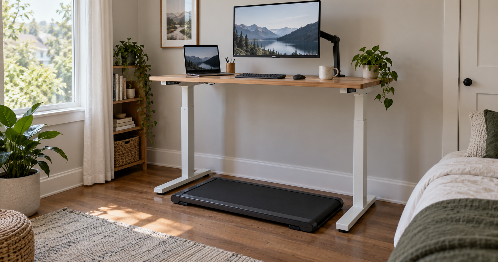 A slim walking pad under a raised sit-stand desk in a small home office, a monitor on an arm above it and a window to the side, no one standing on the pad.