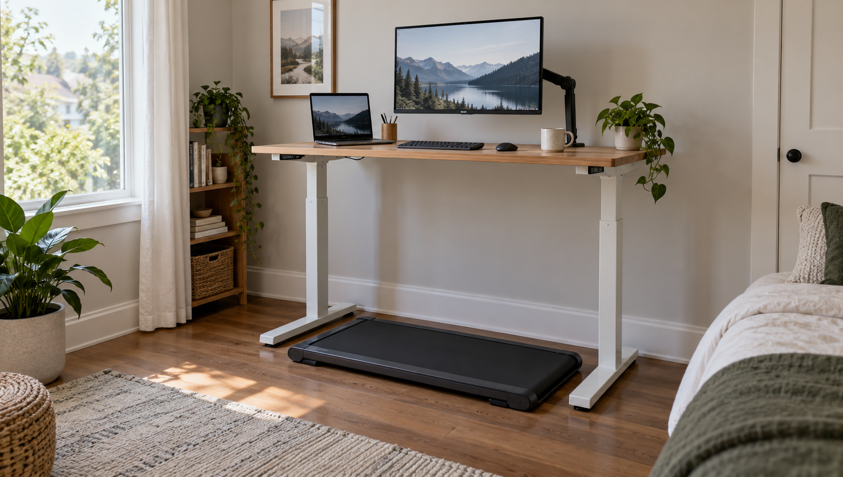 A slim walking pad under a raised sit-stand desk in a small home office, a monitor on an arm above it and a window to the side, no one standing on the pad.